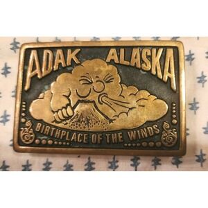 VTG Mens Belt Buckles Of Alaska Souvenir Solid Brass 1986 Birthplace Of The Wind